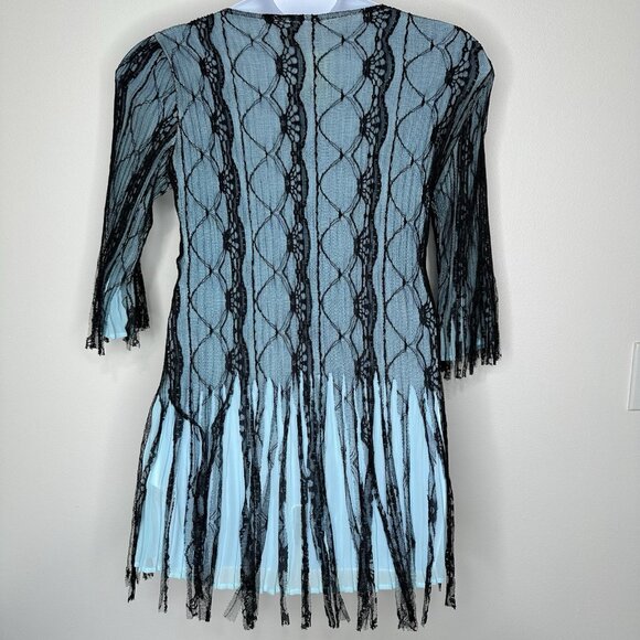 Lindi Tunic Top M Blue Black Overlay Lace Fringe - Picture 2 of 8